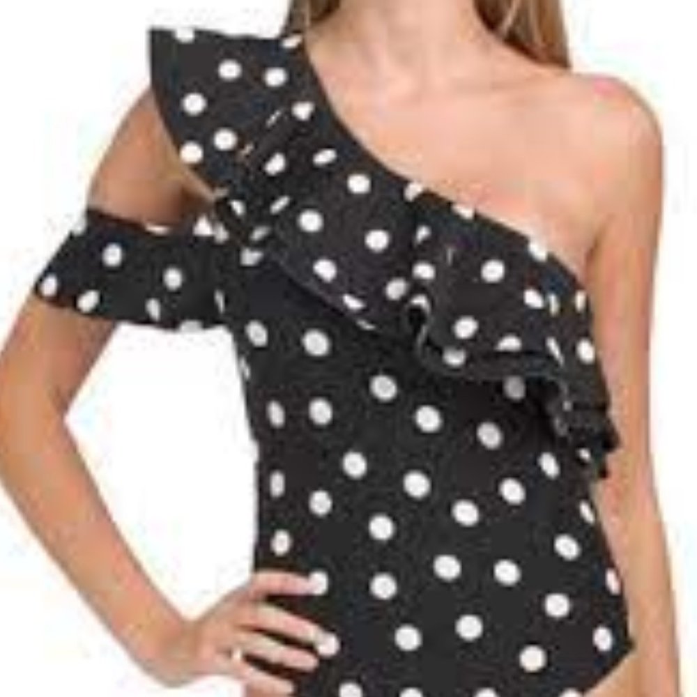 WeWoreWhat polka dot one shoulder black white one piece swimsuit size S